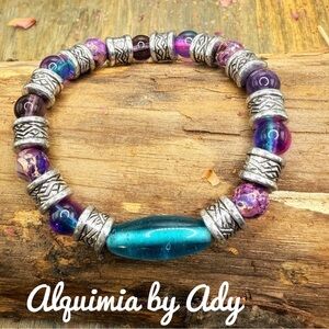 Purple Turquoise and silver beaded bracelet /protection and peace